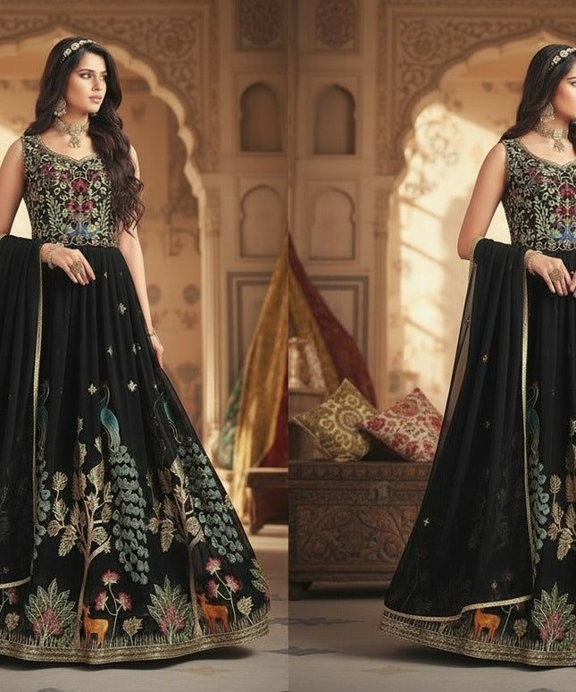 Kurti Connection USA black Indo western Anarkali dress with intricate peacock and floral embroidery for formal events