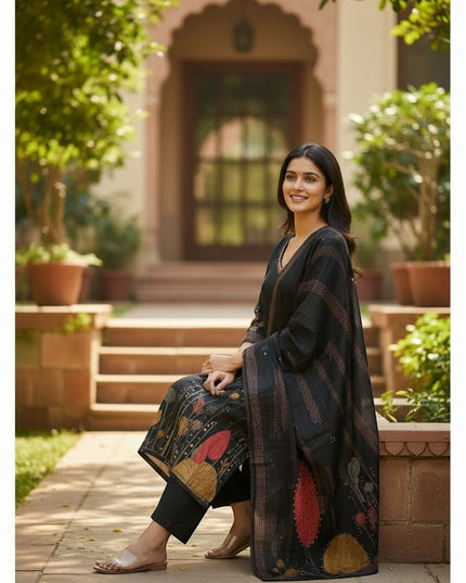 Kurti Connection USA black kurti set with abstract floral print, V-neck, full sleeves, matching dupatta, and black pants.