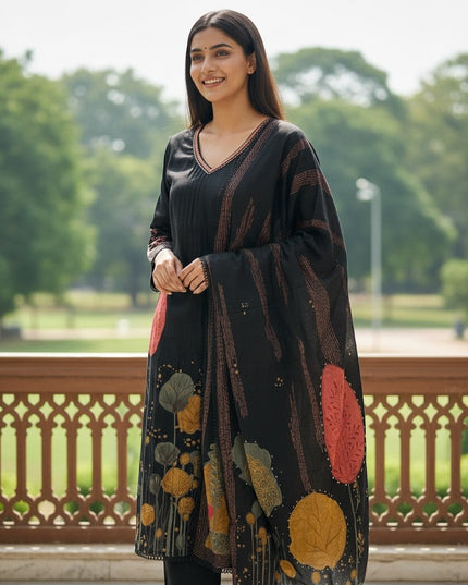Kurti Connection USA black kurti set with abstract floral print, V-neck, full sleeves, matching dupatta, and black pants.