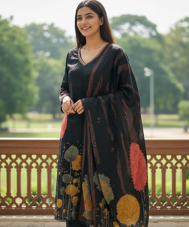 Kurti Connection USA black kurti set with abstract floral print, V-neck, full sleeves, matching dupatta, and black pants.