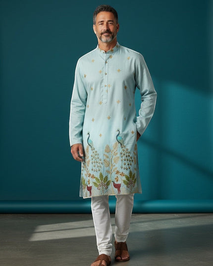 Kurti Connection USA light blue silk kurta with intricate peacock and deer embroidery, paired with white pajama and brown sandals.