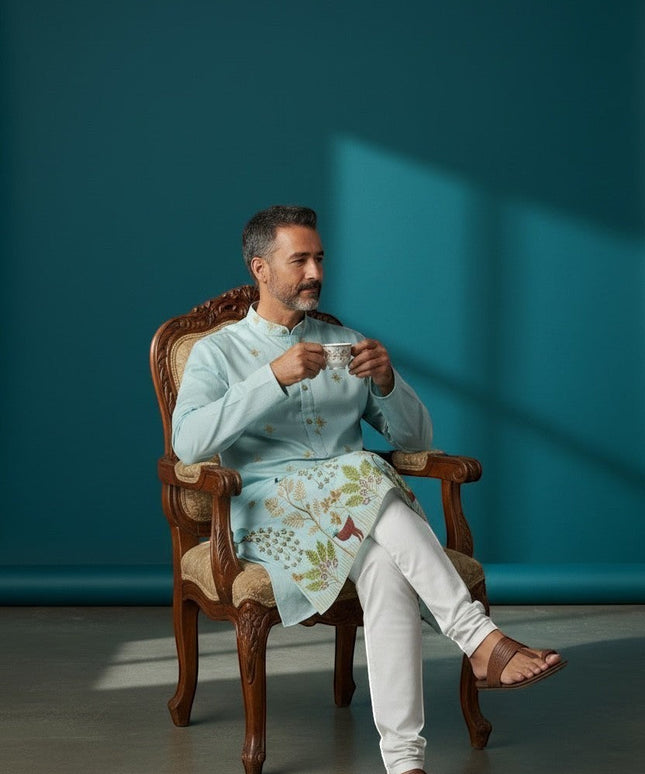 Kurti Connection USA light blue silk kurta with intricate embroidery and white pajama, worn by a man sitting in a chair.