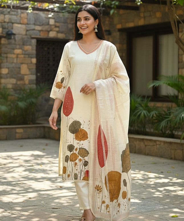Kurti Connection USA cream botanical print kurta set with dupatta and trousers, featuring V-neck and lace trim.