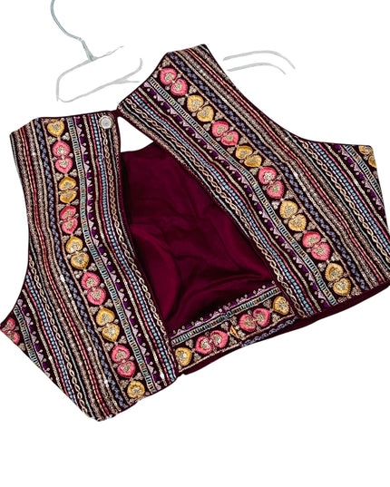 Kurti Connection USA burgundy sleeveless crop top blouse with gold and pink heart embroidery and beadwork