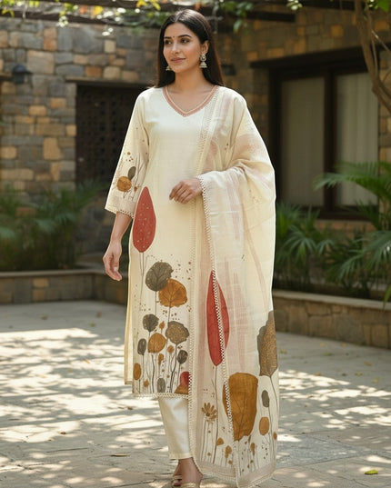 Kurti Connection USA cream botanical print kurta set with V-neck, lace trim, and matching dupatta and trousers.