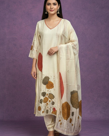 Kurti Connection USA cream botanical print kurta set with dupatta, featuring V-neck and lace trim. Earthy tones of rust, brown, ochre.