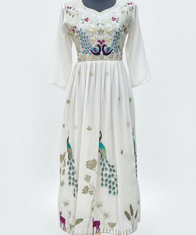 Kurti Connection USA off-white Anarkali dress with vibrant peacock embroidery, V-neckline, and pleated skirt.
