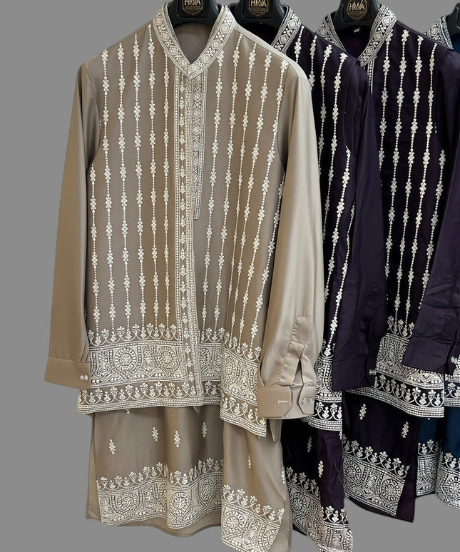 Kurti Connection USA men's traditional embroidered kurta set with half jacket in beige and purple on hangers
