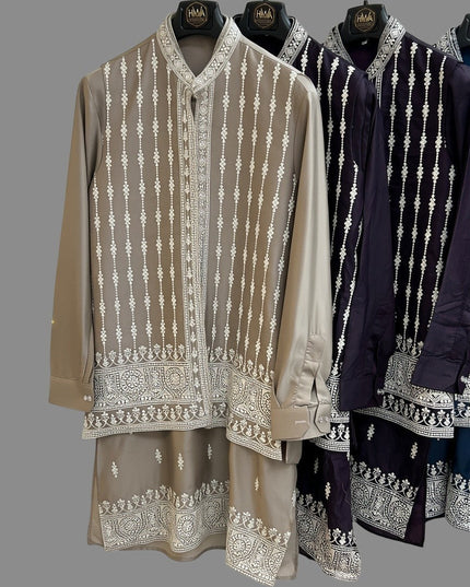 Kurti Connection USA men's traditional embroidered kurta set with a structured half jacket in taupe and purple.