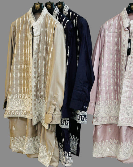 Kurti Connection USA traditional embroidered kurta sets with half jackets in beige, navy blue, and light purple.