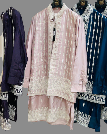 Kurti Connection USA men's traditional embroidered kurta set with half jacket in light pink, purple, and blue.