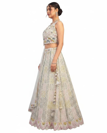 Kurti Connection USA off white lehenga choli with intricate pastel embroidery and sleeveless blouse