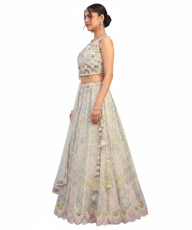 Kurti Connection USA off white lehenga choli with intricate pastel embroidery and sleeveless blouse