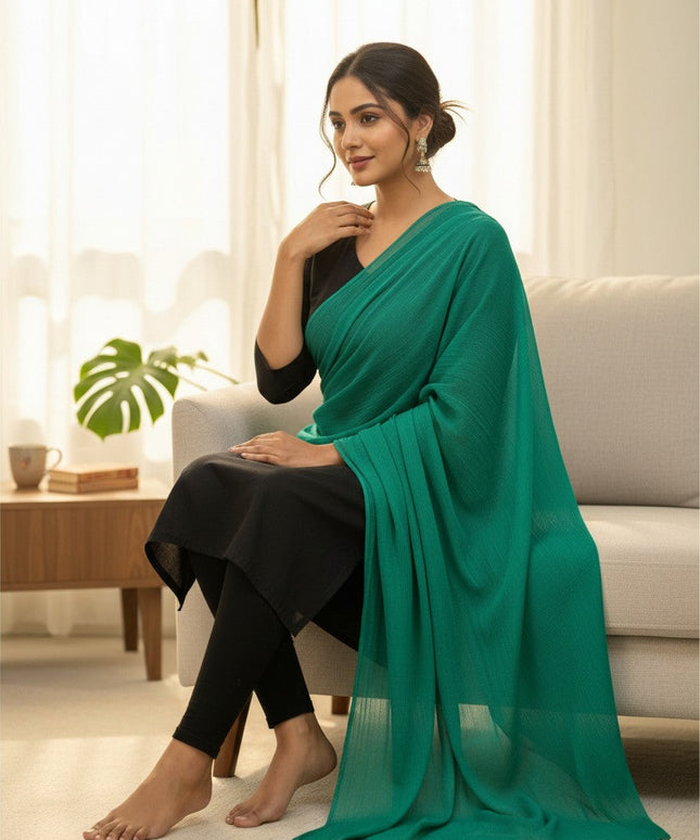 Kurti Connection USA emerald green chiffon dupatta draped elegantly over a woman wearing a black ethnic outfit