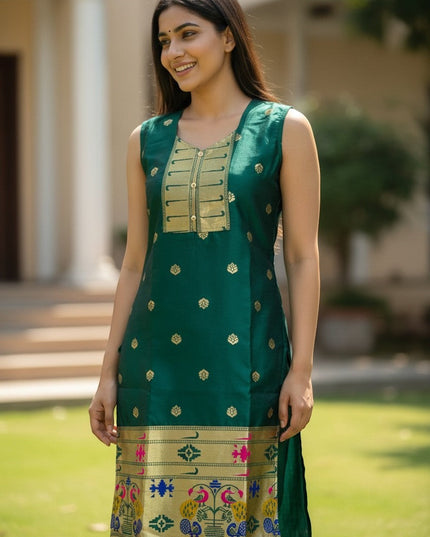 Kurti Connection USA emerald green silk sleeveless kurta with gold zari motifs, embellished neckline, and peacock border. Model wears it for festive occasions.