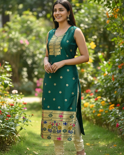 Kurti Connection USA emerald green silk sleeveless kurta with gold zari motifs, embellished neckline, and peacock border. Model wears cream leggings.