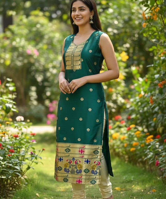 Kurti Connection USA emerald green silk sleeveless kurta with gold zari motifs, embellished neckline, and peacock border. Model wears cream leggings.