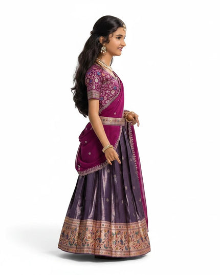 Kurti Connection USA girls pattu lehenga in magenta and purple with traditional floral border and matching dupatta