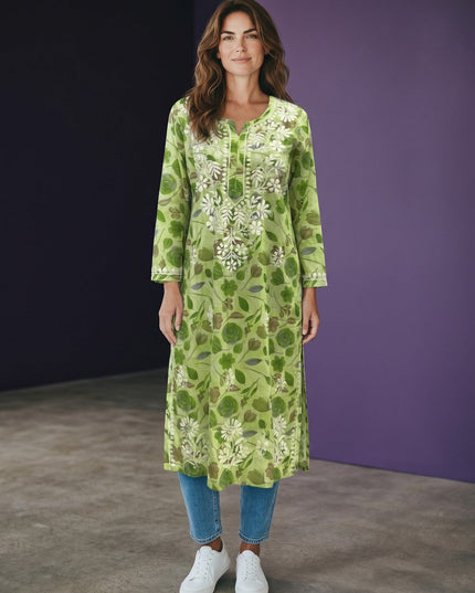 Kurti Connection USA light green cotton kurti with white Chikankari embroidery and floral print. Long sleeves and round neck.