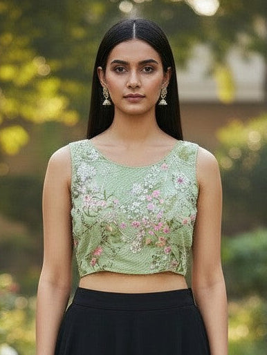 Kurti Connection USA light green boat neck blouse with floral embroidery paired with a long black skirt in a garden