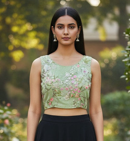Kurti Connection USA light green boat neck blouse with floral embroidery paired with a long black skirt in a garden