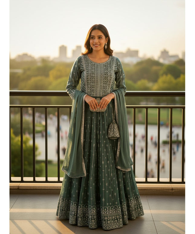 Kurti Connection USA long chiffon silk gown in deep green with intricate silver embroidery and matching dupatta