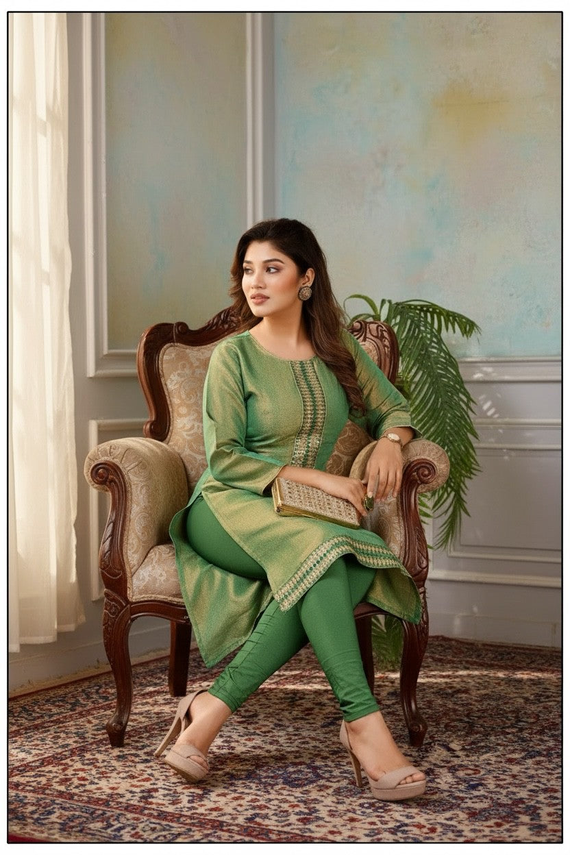 Kurti Connection USA green tissue silk kurti with intricate embroidery, worn by a model sitting in a vintage chair.