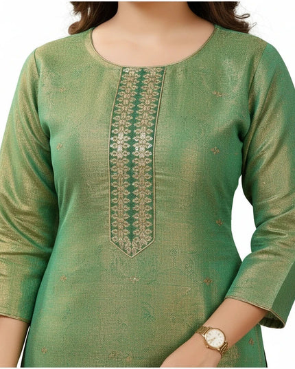 Kurti Connection USA green tissue silk kurti with gold embroidery on the neckline and three-quarter sleeves