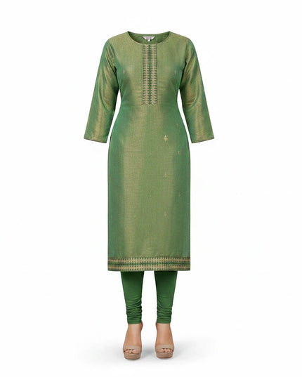 Kurti Connection USA green tissue silk kurti with intricate embroidery and matching leggings for festive occasions.