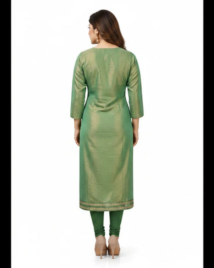 Back view of a Kurti Connection USA green tissue silk kurti with three-quarter sleeves and intricate hem embroidery.