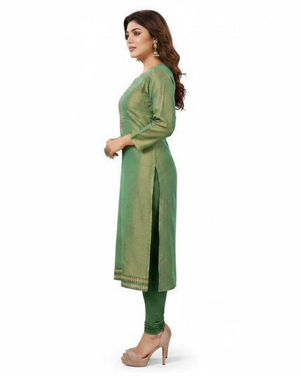 Kurti Connection USA green tissue silk kurti with intricate embroidery and side slits worn by a model