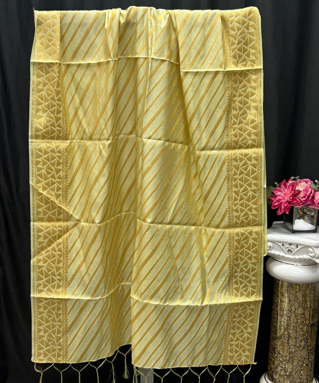 Kurti Connection USA light green dupatta with golden zari diagonal stripes, geometric borders, and tassel edges.