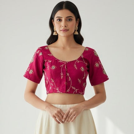Kurti Connection USA hot pink ethnic blouse with gold floral embroidery, scoop neckline, and short sleeves.
