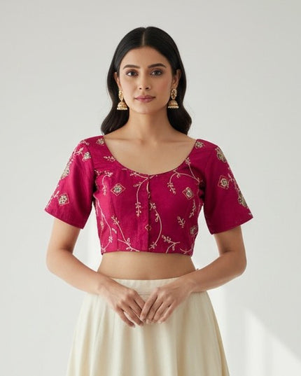 Kurti Connection USA hot pink ethnic blouse with gold floral embroidery, scoop neckline, and short sleeves.