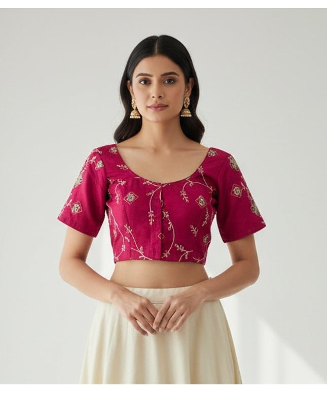 Kurti Connection USA hot pink ethnic blouse with gold floral embroidery, scoop neckline, and short sleeves.