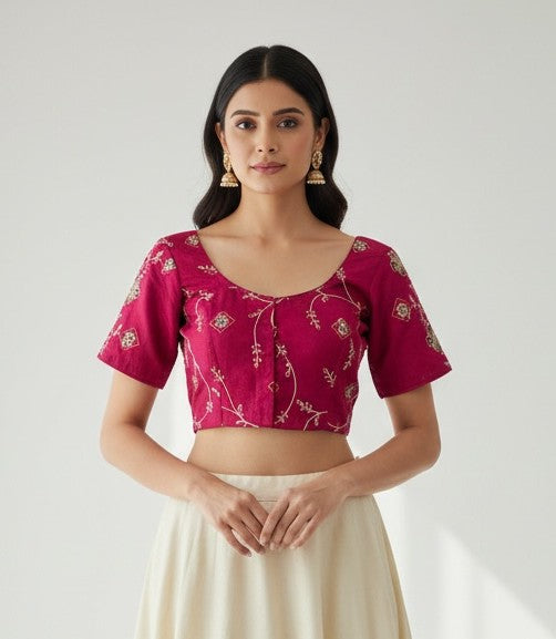 Kurti Connection USA hot pink ethnic blouse with gold floral embroidery, scoop neckline, and short sleeves.