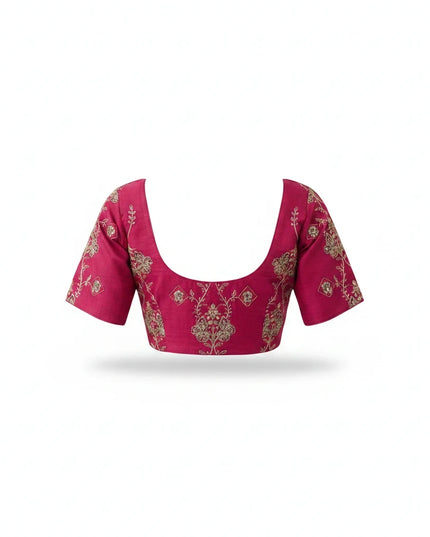 Kurti Connection USA hot pink ethnic blouse with intricate gold floral embroidery, scoop neckline, and short sleeves.