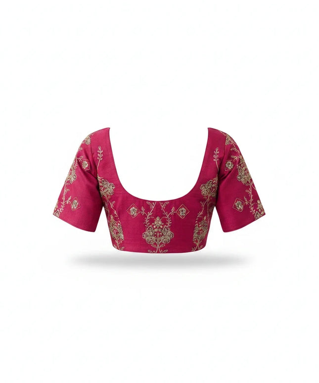 Kurti Connection USA hot pink ethnic blouse with intricate gold floral embroidery, scoop neckline, and short sleeves.