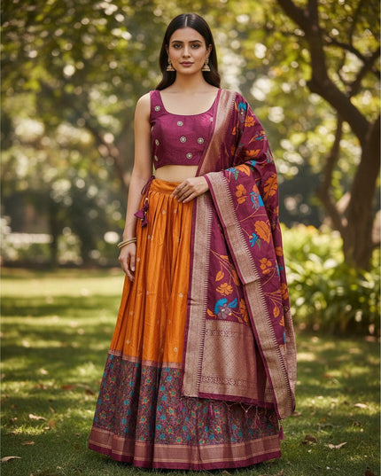 Kurti Connection USA lehenga choli set with a maroon blouse and mustard yellow skirt featuring a floral dupatta