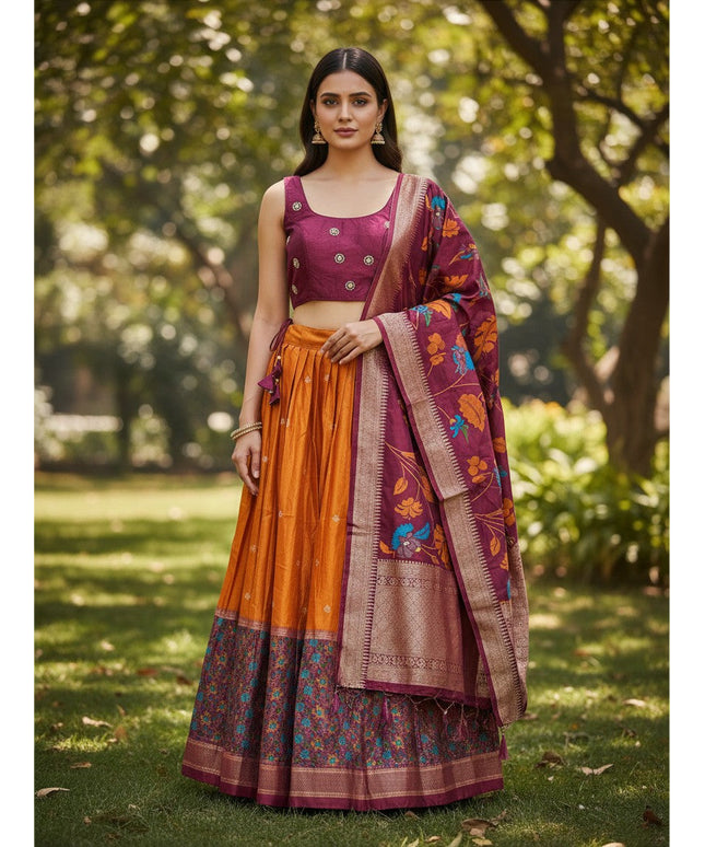 Kurti Connection USA lehenga choli set with a maroon blouse and mustard yellow skirt featuring a floral dupatta
