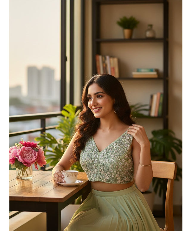 Kurti Connection USA light green embroidered sleeveless blouse worn by a woman sitting at a table with tea