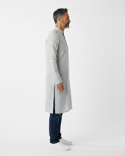 Kurti Connection USA men's light grey kurta shirt with subtle geometric pattern and mandarin collar.