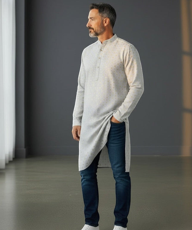 Kurti Connection USA men's light grey kurta shirt with subtle gold geometric pattern, mandarin collar, and button placket.