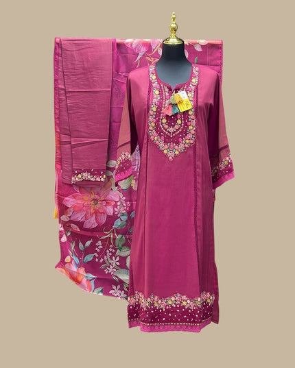 Kurti Connection USA magenta kurti set with floral embroidery and matching dupatta on a mannequin