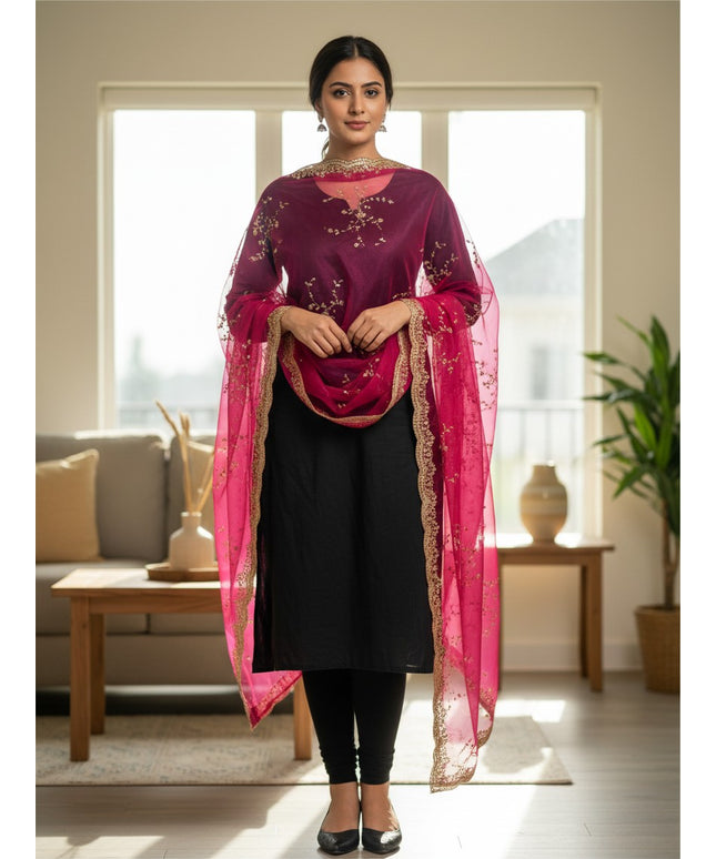 Kurti Connection USA magenta tissue silk dupatta featuring intricate gold sequin embroidery and scalloped borders