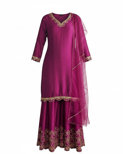 Kurti Connection USA magenta silk sharara suit with gold embroidery on neckline, cuffs, and hem. Includes sheer dupatta.