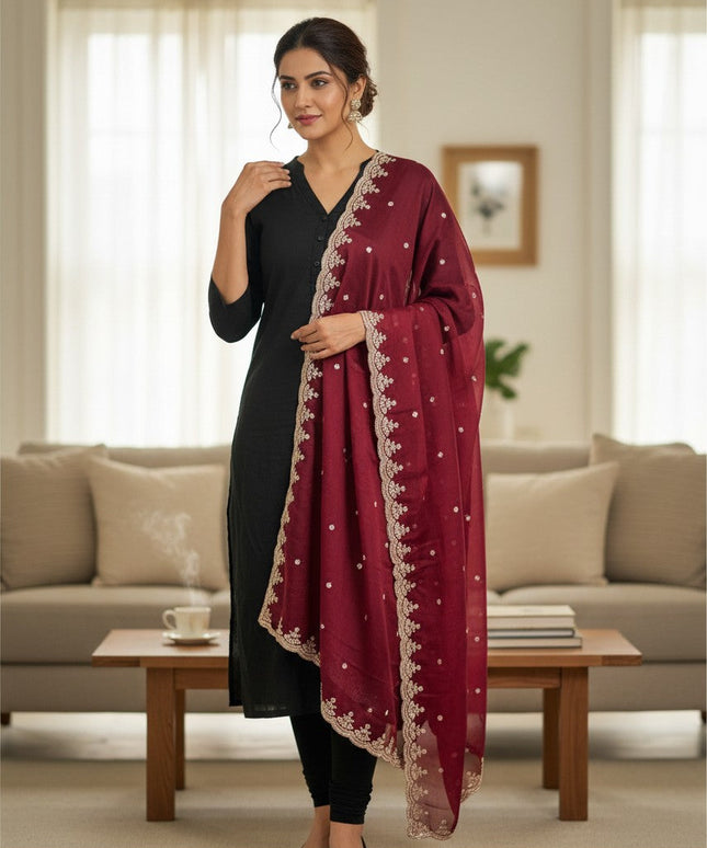 Kurti Connection USA maroon chiffon dupatta with intricate gold Jardoji embroidery draped over a black kurta set