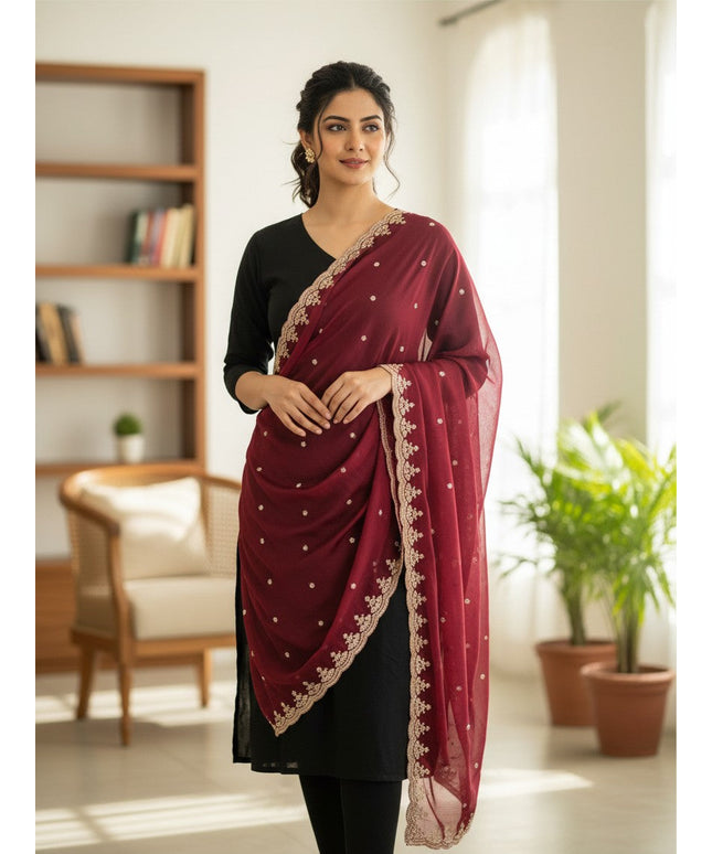 Kurti Connection USA maroon chiffon dupatta with intricate gold Jardoji embroidery draped over a black kurta set