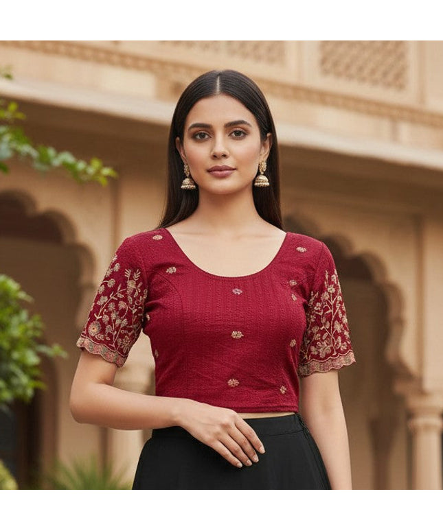 Model wearing a Kurti Connection USA maroon stretchable blouse with gold embroidery paired with a black skirt