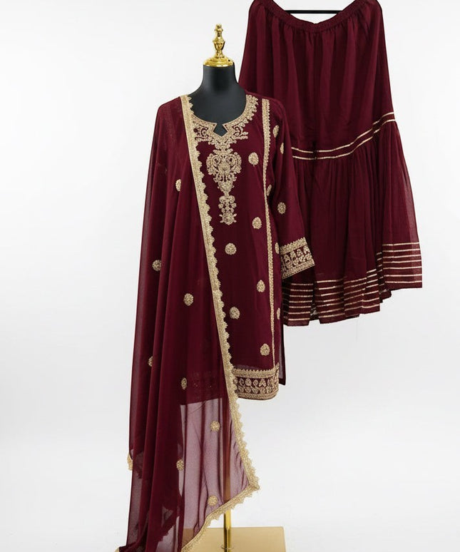 Kurti Connection USA maroon embroidered kurti sharara set with gold floral motifs and scalloped dupatta border
